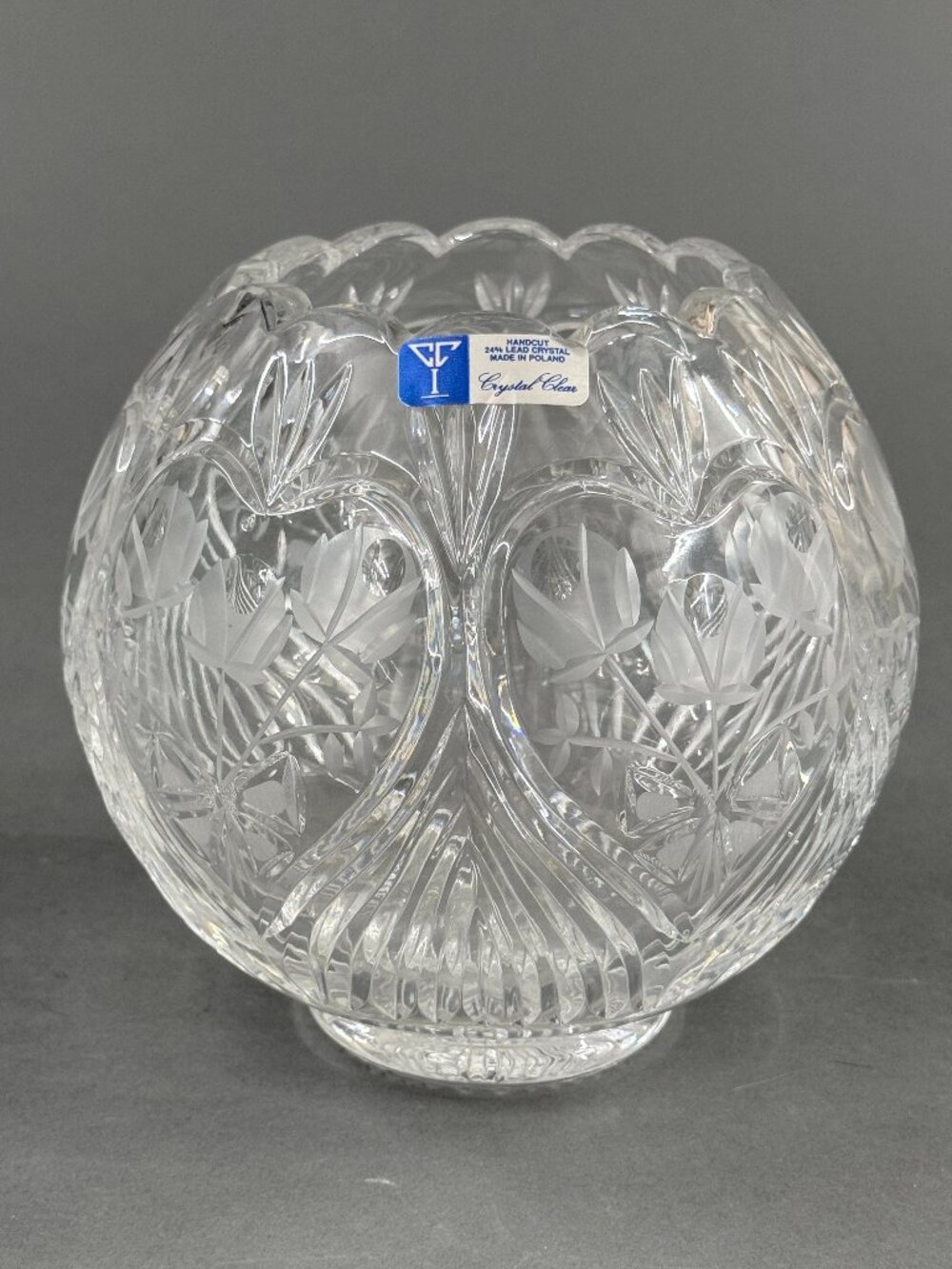 Vintage Crystal Clear 24% Lead Crystal Rose Bowl Frosted Tulip Vase Poland 6"